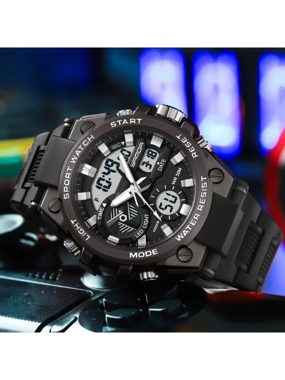 Men's Black And Grey Analog Quartz Sports Waterproof Military LED Digital Watch
